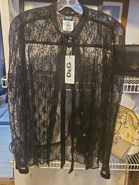 D&G Black Sheer Lace Tie-Front Blouse